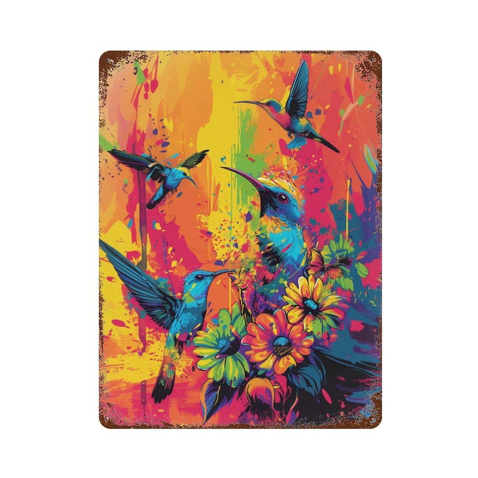 Colorful Hummingbirds Art Print 15.7"x11.8" Vintage Rust Metal Sign, Classic Wall Plaque for Pub, Kitchen And Man Cave Decor