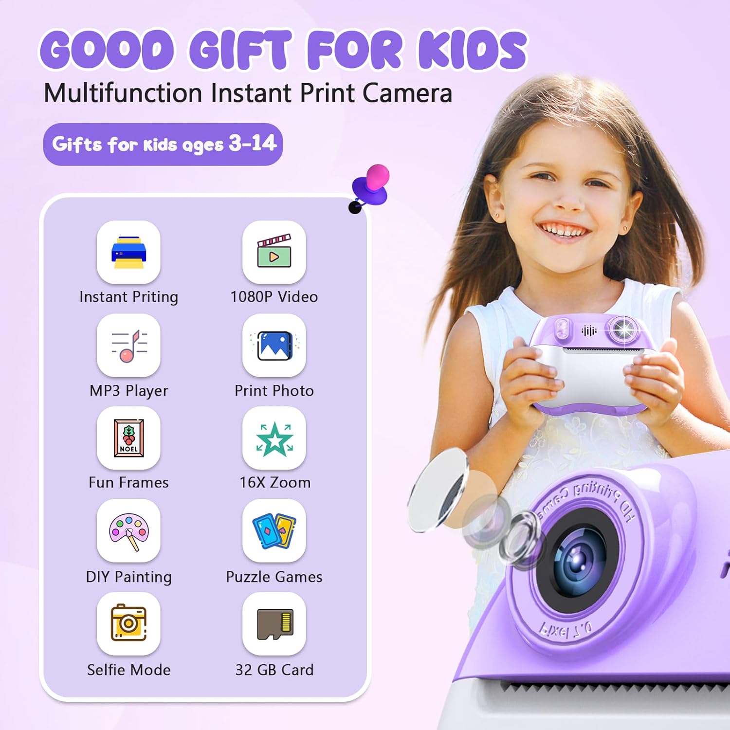 Instant Print Camera for Kids Christmas Birthday Gifts for Girls Boys HD Kids Digital Video Cameras for Toddler, Portable Toy for 3 4 5 6 7 8 9 10 11 12 Year Old with 32GB & 250 Print Paper, Purple - Image 2