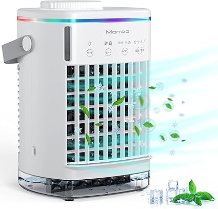 Amazon Manwe 冷風機 冷風扇 扇風機 クーラー 卓上エアコン 小型 760ml大容量 2種モード 4段階風量 タイマー機能付き ライト付き 冷風 送風 加湿 静音 Usb給電式 氷いれ可能 コンパクト 省エネ 軽量 熱中症と暑さ対策 車中泊 オフィス 個室 野外のテント 寝室 自宅用