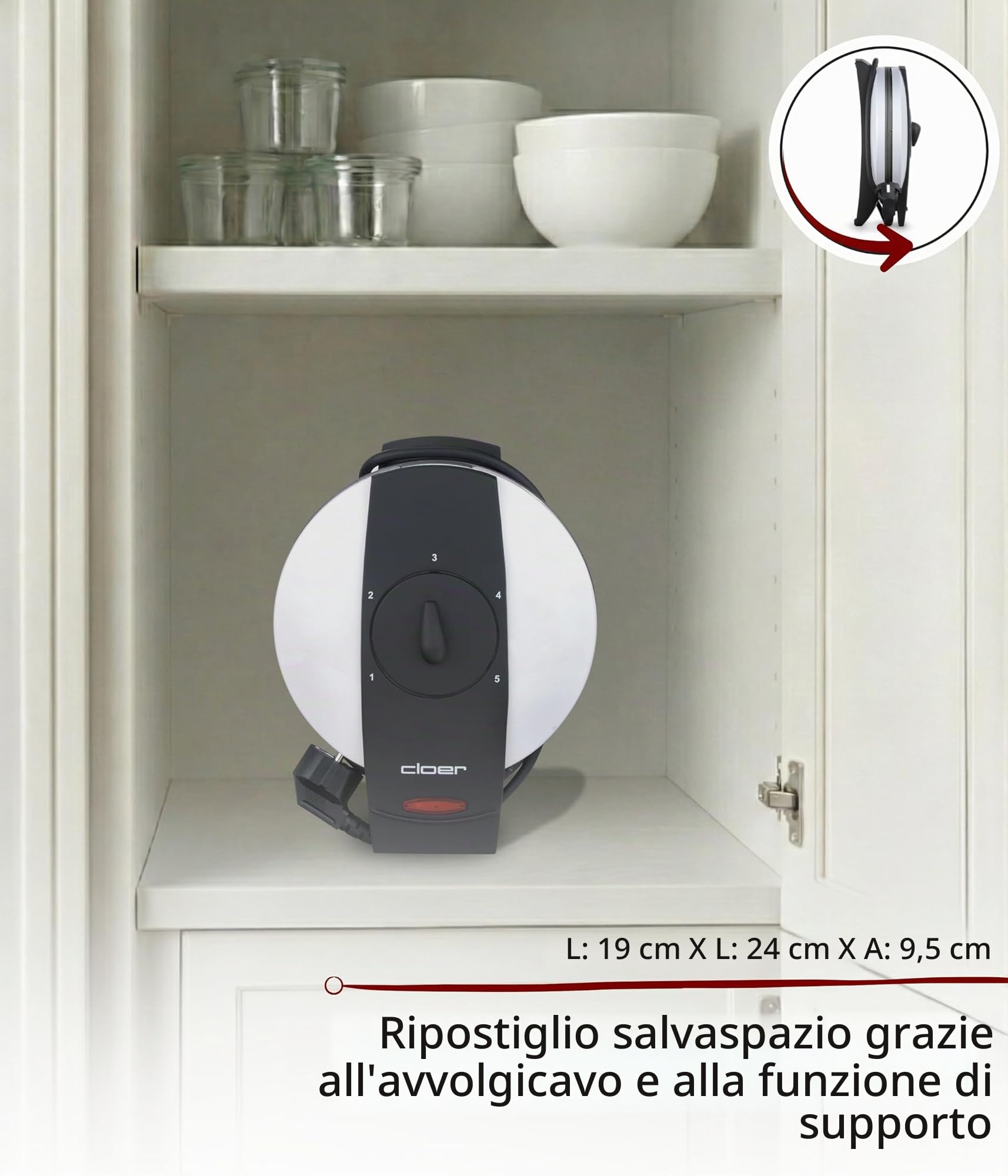 Cloer 261 Piastra per Coni, 800 W, diametro piastra di cottura 14,5 cm, rivestimento antiaderente, grado di doratura selezionabile, corpo in metallo verniciato bianco