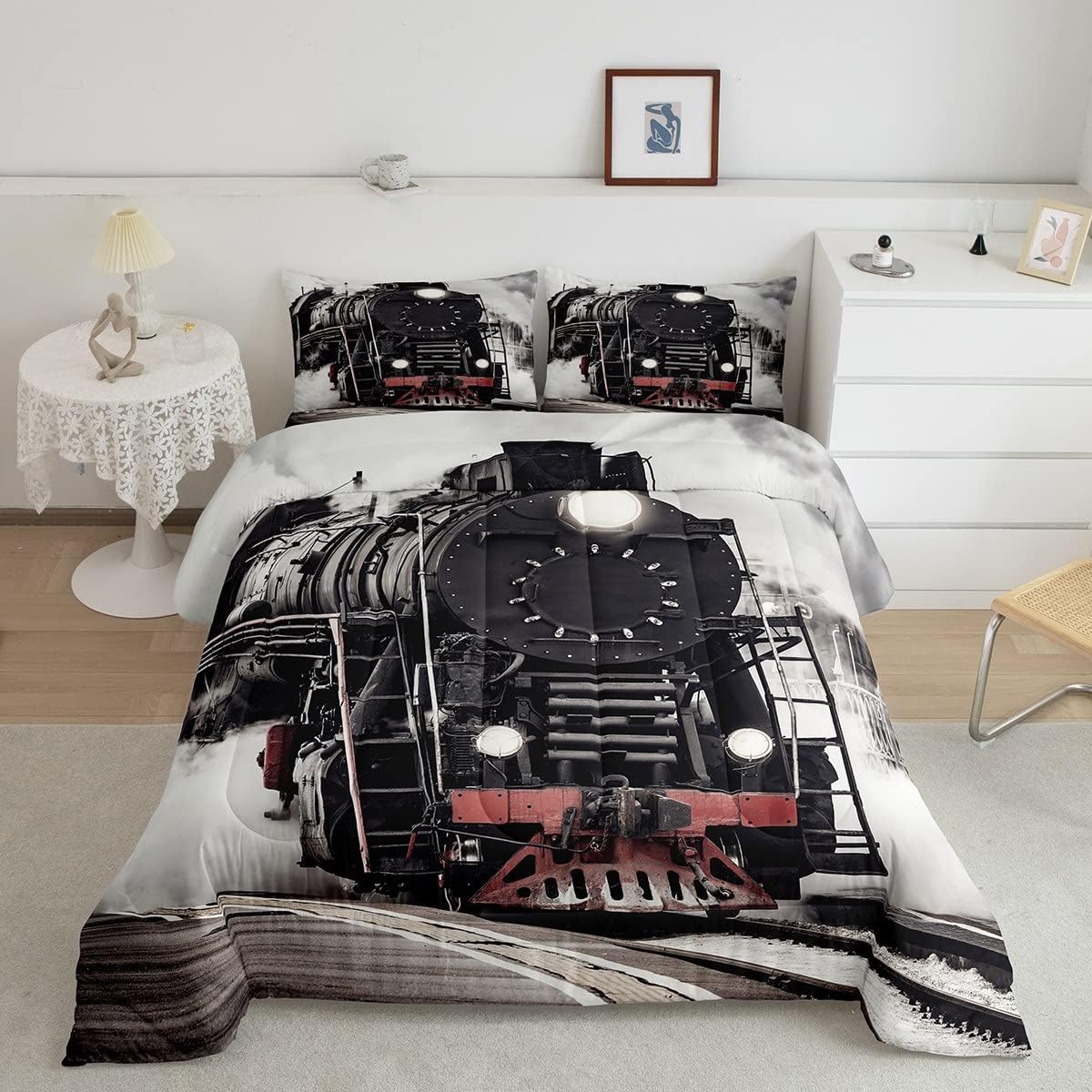 Train Bedding Set Twin 3D Steam Train Comforter Set Retro Railway Track