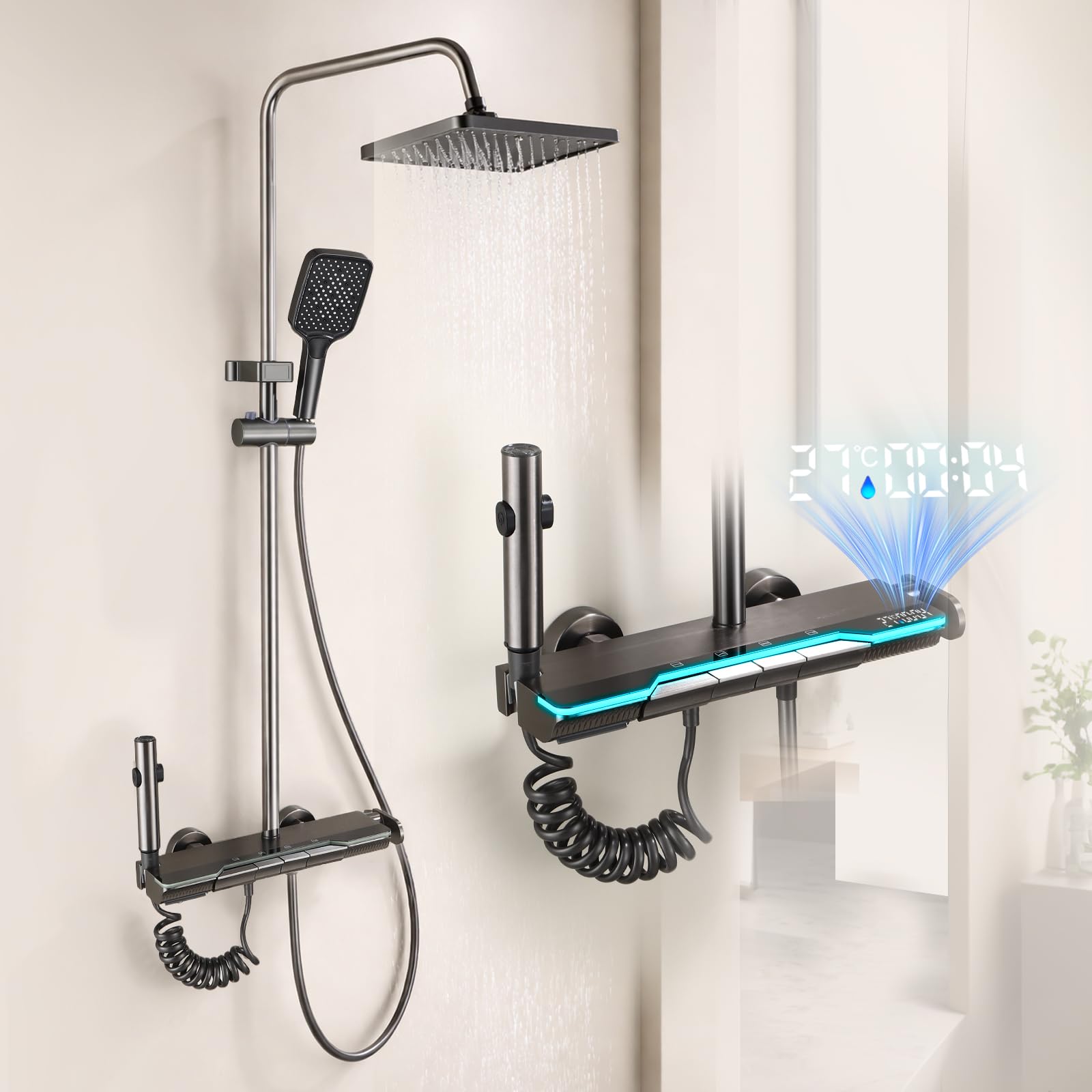 Columna de Ducha Gris Oscuro con Pantalla Digital, Sistema de Ducha con 4 Botones de Piano, Rociador Efecto Lluvia para Baño Moderno-D3