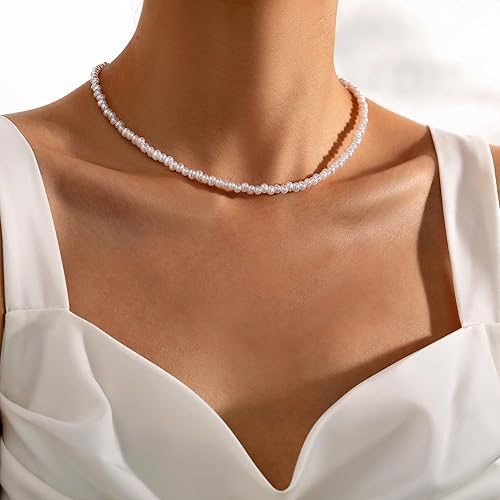 Miniatura 4 de TOBENY Pearl Necklaces for Women 14k Gold Plated Handmade White Pearl Choker Necklace Dainty Small Tiny Beaded Pearl Strand Chain Necklace Delicate