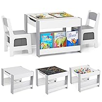COSTWAY Set Tavolino Bambini con 2 Sedie per 3+ Anni, Tavolo e Sedie 4 in 1 con Lavagna Rimovibile, Librerie e Scatola in Tessuto, Mobile Salvaspazio per Scuola, Asilo e Cameretta (Bianco e Grigio)