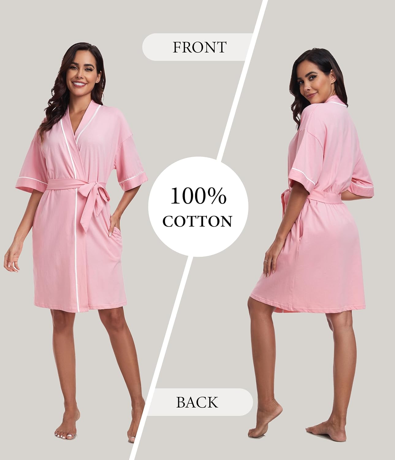 ANLIQI Womens 100% Cotton Robes Lightweight Short Sleeve Bathrobe Knee Length Kimono Bath Robe with Pockets Ladies Sleepwear - Image 2