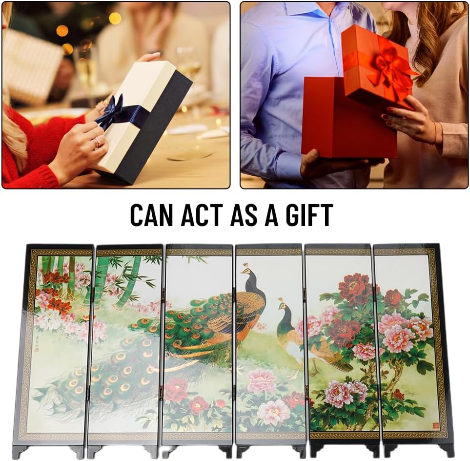 Unique 6 Panel Wood Folding Partition Peacock Design Screen Room Divider Desktop Folding Peacock Screen for Home Use