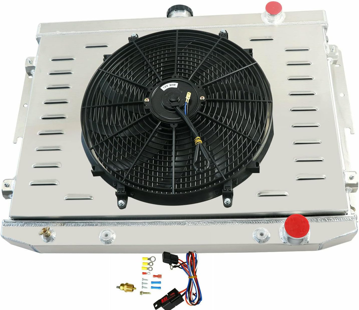 Radiator For 74 Dodge Coronet/Monaco 73-74 Dodge Charger & 74-75 Chrysler Newport & 74 Plymouth Satellite,4 Row All Aluminum Radiators + Shroud + Fan + Relay
