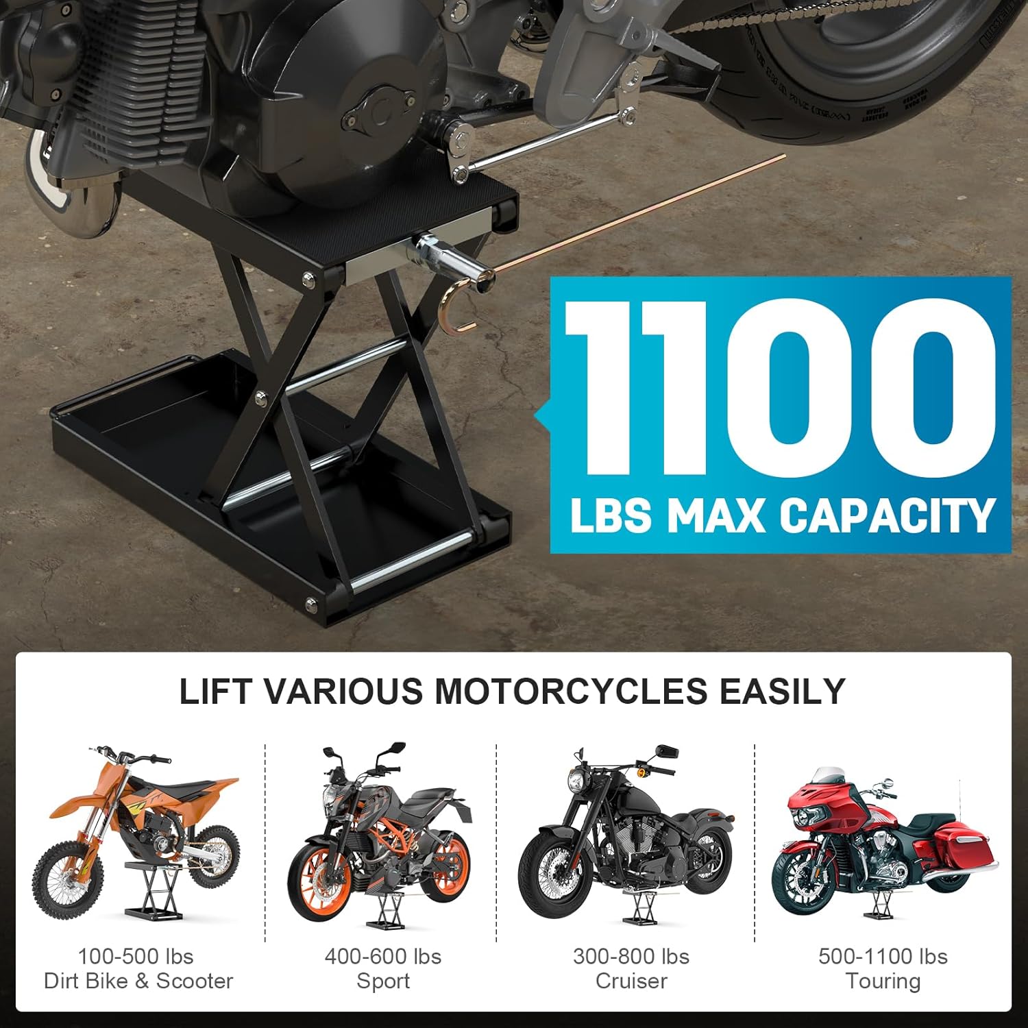 Heavy-Duty 1100 LBS Motorcycle Lift Stand, Wide Anti-Slip Deck with J Crank Handle & Socket, Black Steel Motorcycle Jack Stand Scissor Lift for Cruisers, Dirt Bikes, Street Bikes, ATVs & Motorcycles