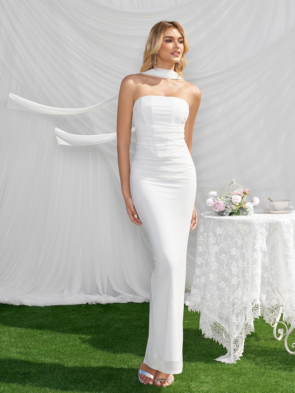 HTZMO Womens Tube Formal Wedding Guest Maxi Dress with Scarf Strapless Bodycon Corset Cocktail Party Long Dresses
