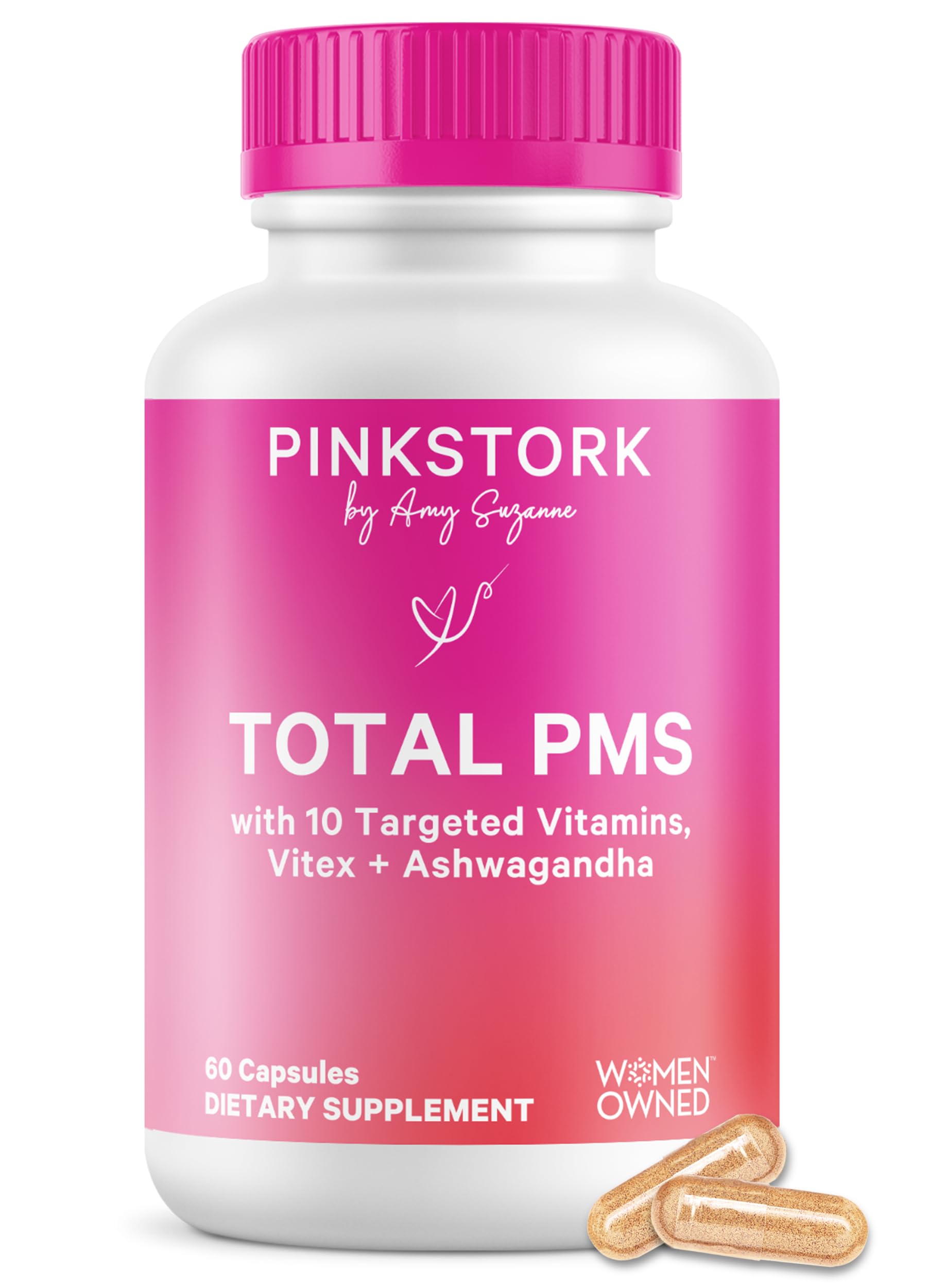 Pink Stork PMS Supplement for Women - Vitex, Ashwagandha, Maca Root & 10 Vitamins & Minerals to Support Hormone Balance, Mood, Bloating, Period Regularity - 60 Capsules