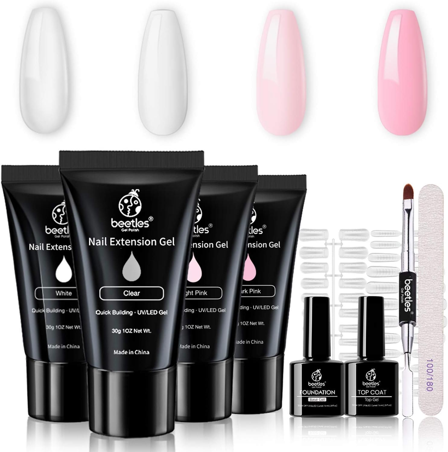 Beetles Gel Nail Kit - Builder Gel, Base Coat, Top Coat, Nail File, Nail Buffer - Gel Nail Art Design - French Manicure Kit for Beginner - DIY at Home