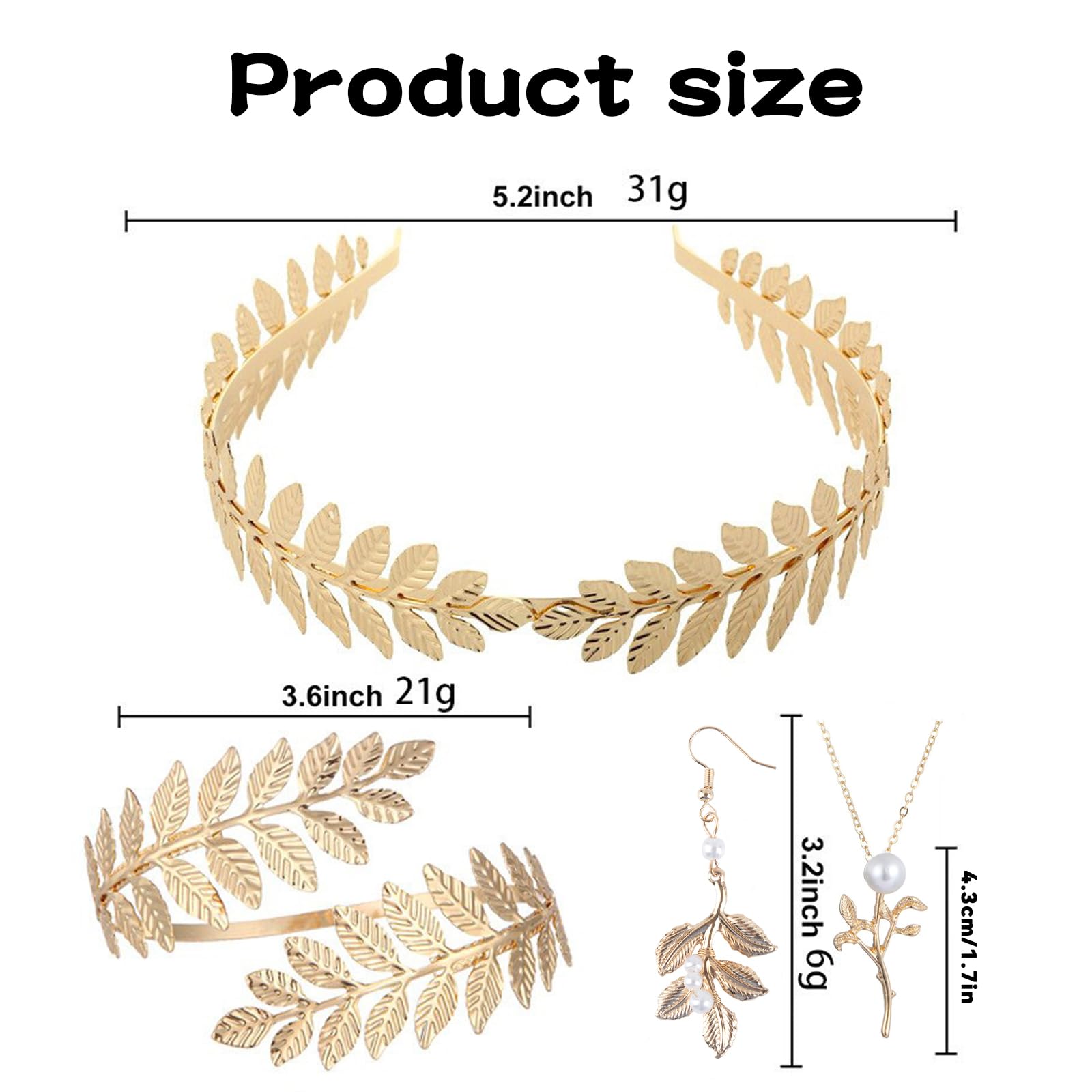 AYNKH Greek Goddess Costume Accessories Set for Women, Includes Gold Leaf Crown, Earrings, Arm Band, and Necklace - Image 2
