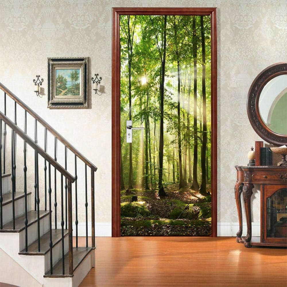 Sticker Porte Trompe l'oeil Effect 3D Forêt Verte Autocollant de Porte Paysage Naturel Auto-adhésif Papier Muraux PVC étanche pour Salon Chambre 100x200 cm e-1323