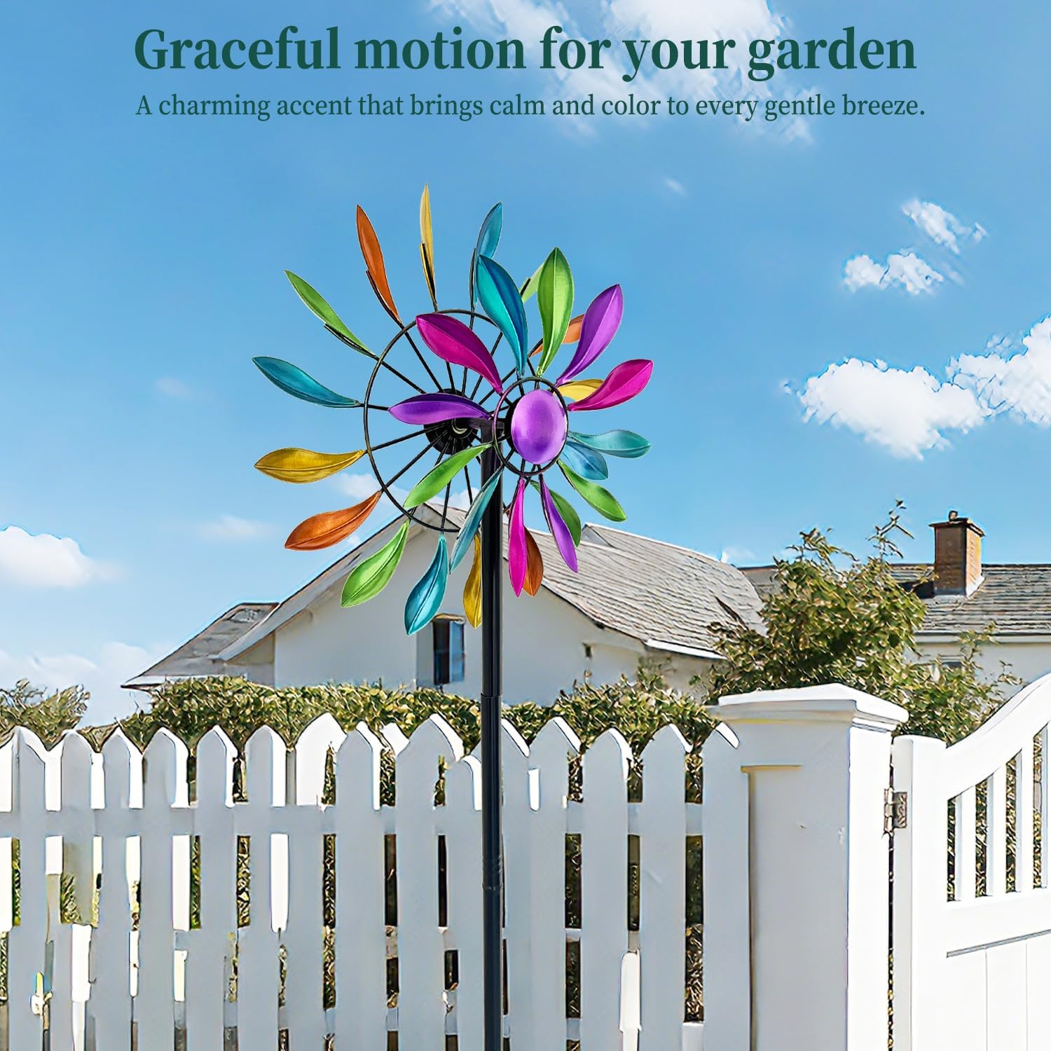 Wind Spinners Outdoor Metal, 360° Kinetic Wind Spinner with Stake, Metal Garden Yard Patio Lawn Windmill Decor (12.6" Dia, 56.7" H, Rainbow Petal)