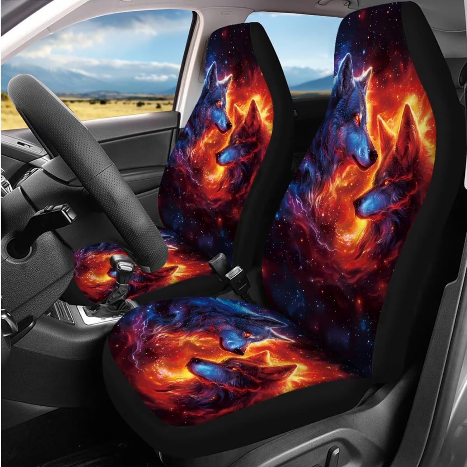 Animal Wolf Car Seat Covers Full Set for Men Auto Interior Accessories Neon Couple Wolf Print Seat Cover Set for Cars Steering Wheel Cover, Car Pads Armrest Pad Cover Set of 14