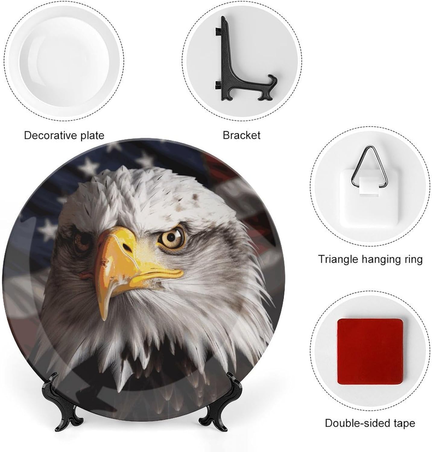 America Flag And Eagle Bone China Decorative Plate with Display Stand, Ceramic Ornaments Plate for Wall Hanging, Personalized Porcelain Plates for Office, Living Room 8inch