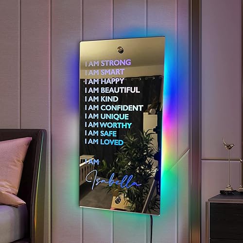 Letrero de neón con espejo de afirmación de nombre personalizado, acrílico personalizado para afirmaciones positivas para colgar afirmaciones de