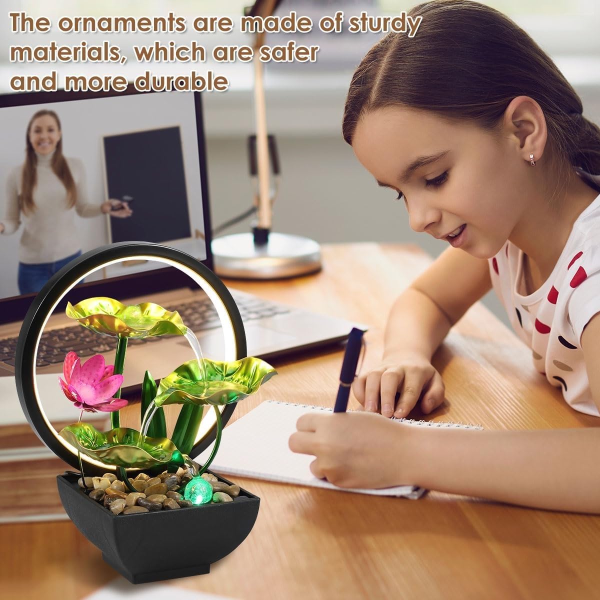 Decorative Tabletop Fountain with LED Light - Lotus Flower Waterfall for Bedroom, Living Room, Office, and Relaxation Spaces(C)