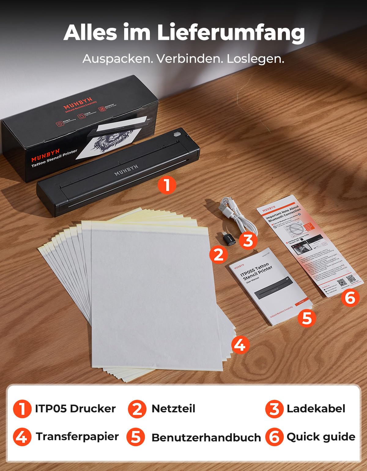MUNBYN ITP05S Tattoo Drucker Bluetooth, Stencil Drucker, Tattoo Printer Thermodrucker mit 10 Blatt A4 Transferpapier, kompatibel mit Android, iOS, macOS und Windows, Schwarz