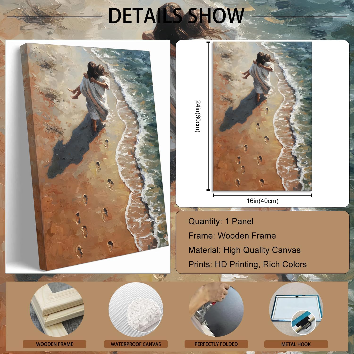 Jesus Holding Woman Canvas Wall Art Jesus Footprints in the Sand Wall Decor Pictures Christian Bible Poster Prints for Living Room Bedroom Home Decoration 16x24in Ready to Hang