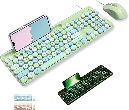 X9 Wired Keyboard and Mouse Combo - Retro Typewriter Keyboard with Round Keycaps, Soft White Backlight, Phone Dock, 109 Full-Size Keys, Cute Wired Green Keyboard and Mouse for Laptop, PC & Chromebook