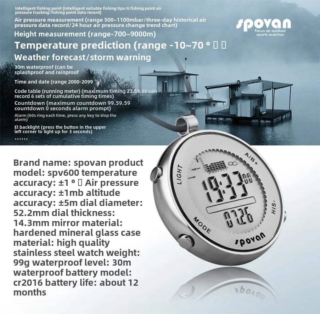 SPV600 - Reloj de bolsillo con barómetro digital, resistente al agua, temporizador para deportes al aire libre, para correr y competición, reloj de pulsera unisex