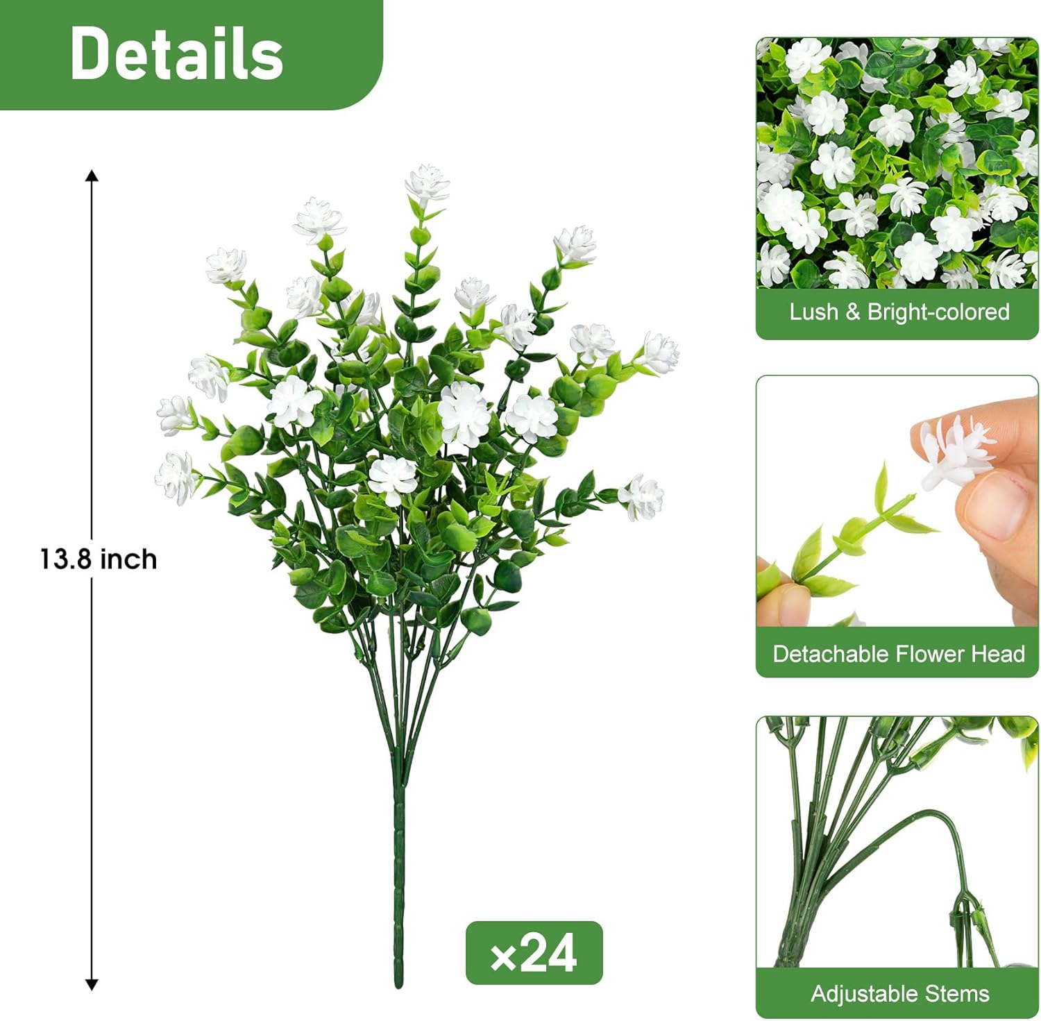 Roberly 24 Bundles Artificial Flowers for Outdoors, UV Resistant Eucalyptus Fake Flowers Shrubs Greenery Plastic Plants for Garden Porch Window Box Farmhouse Indoor Home Decor, White