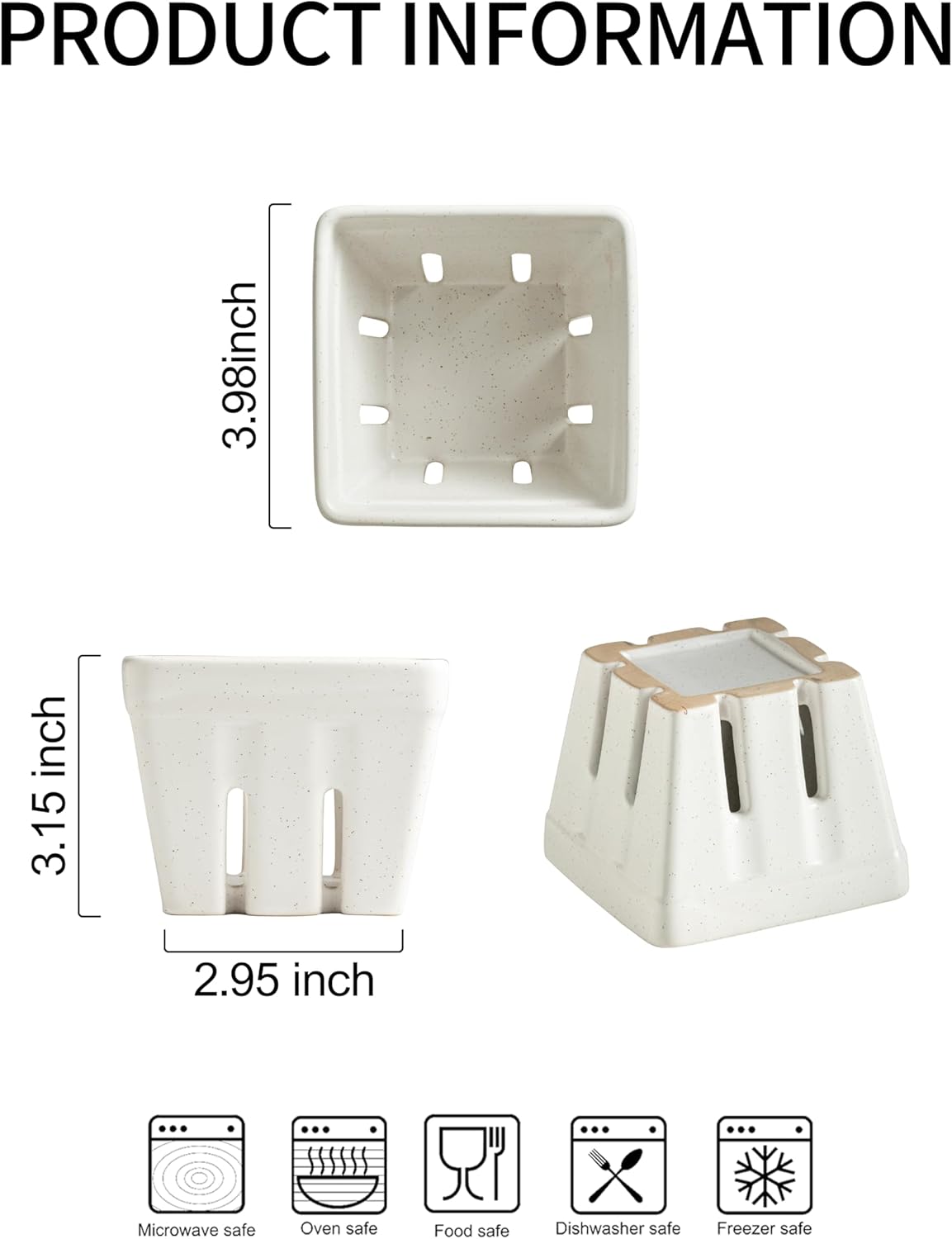 Gomakren Ceramic Berry Basket Set of 2, Square Fruit Bowls with Holes, Rustic Fruit Basket Containers for Kitchen Fridge, Berries, Strawberry, Grape, Cherry - Cream White