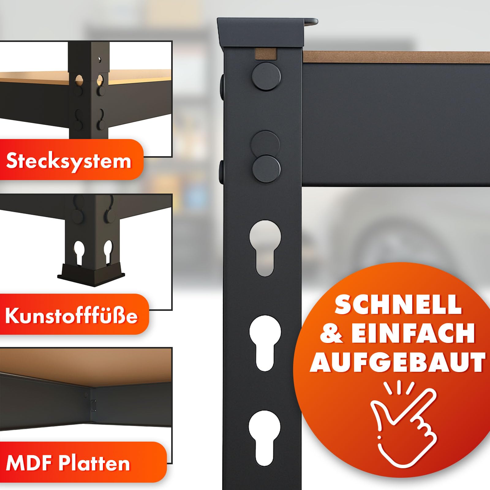 KARAT Schwerlastregal, Kellerregal, Lagerregal mit Stahlgestell 1050 kg Traglast (Schwarz, 180 x 90 x 60 cm) Rhino