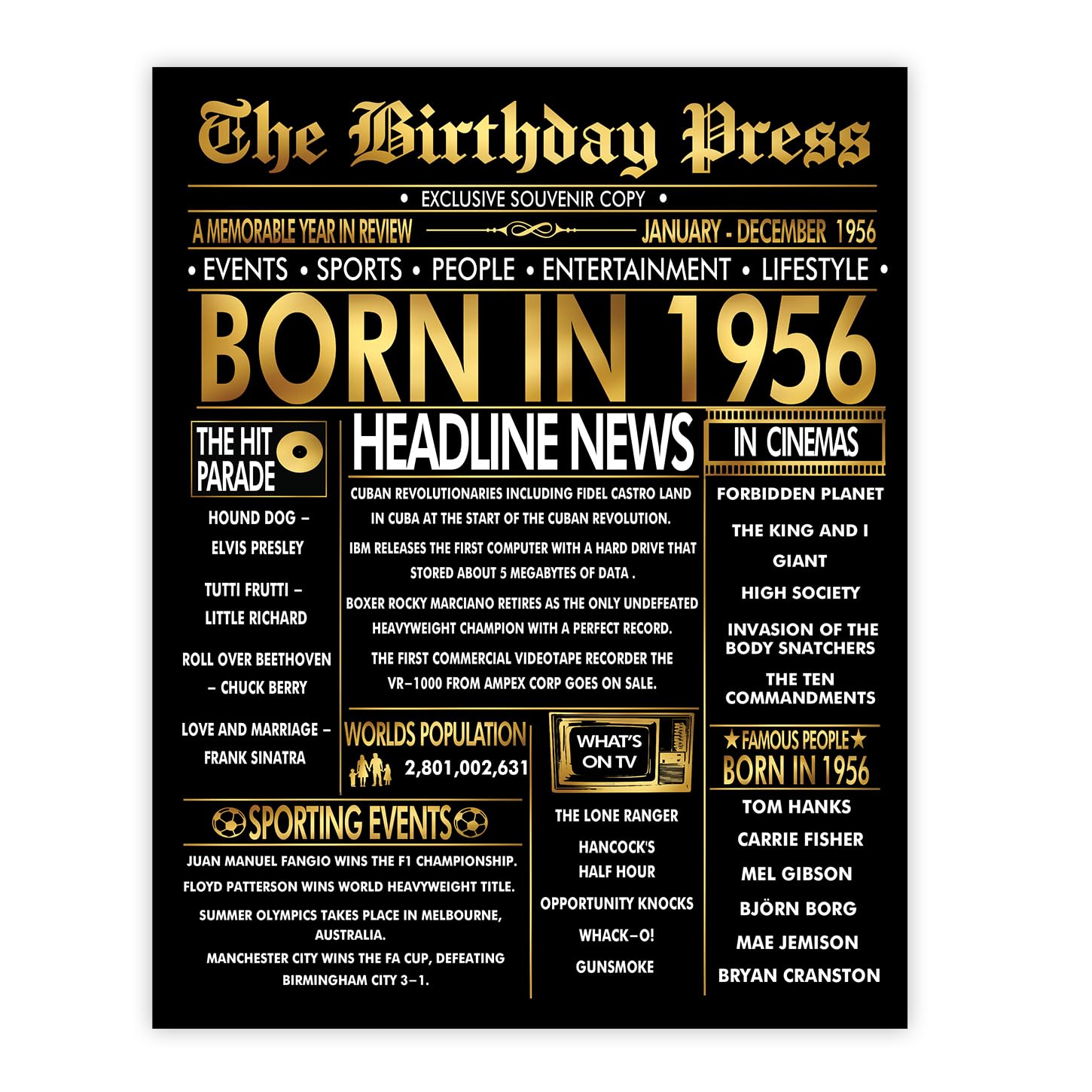 Stuff4 Men's 1956 Gold 70Th Birthday Poster Unframed - Golden Born In Newspaper - Happy 70 Birthday For Wo Retro Vintage Gifts Back In 8X10 Inch Bday Party Decor Decoration