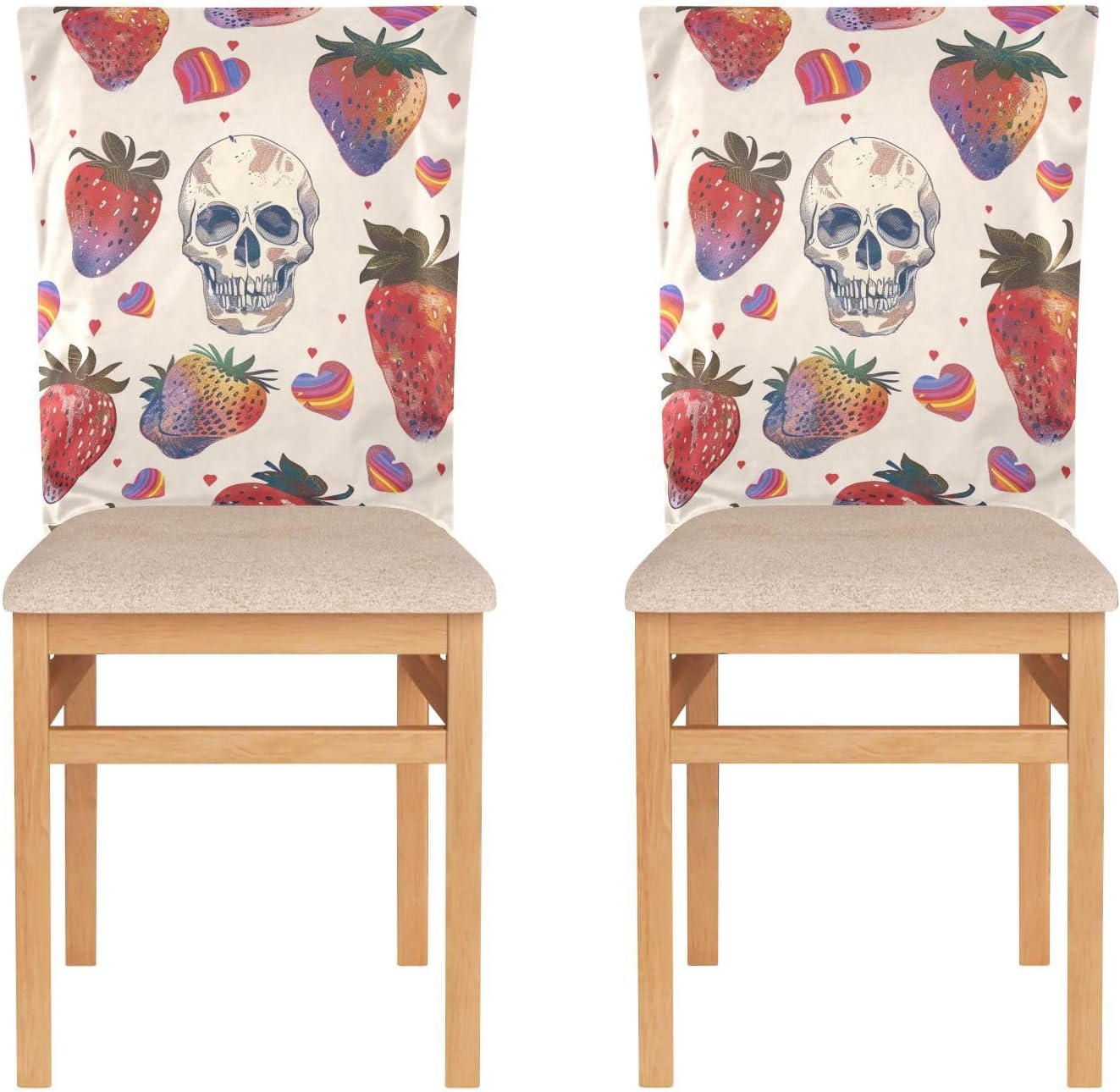 ALAZA Strawberry and Skull Rainbow Hearts Chair Back Cover Set of 6, Washable Reusable Removable Chair Slipcovers Decorative Chair Cover for Home Kitchen Wedding Party