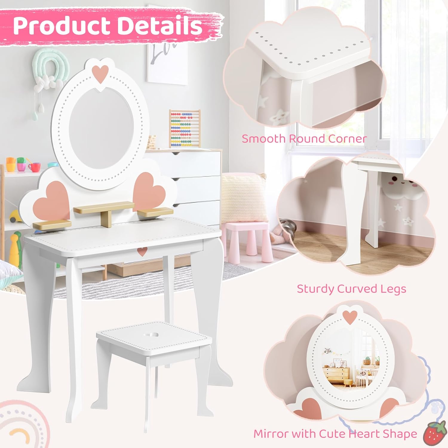 Arlopu Kids Vanity Table and Chair Set, Toddler Pretend Play Dressing Makeup Table with 8 Pcs Accessories, Open Shelves, Mirror&Stool, 2-in-1 Convertible Princess Wooden Toys for Little Girls (White)