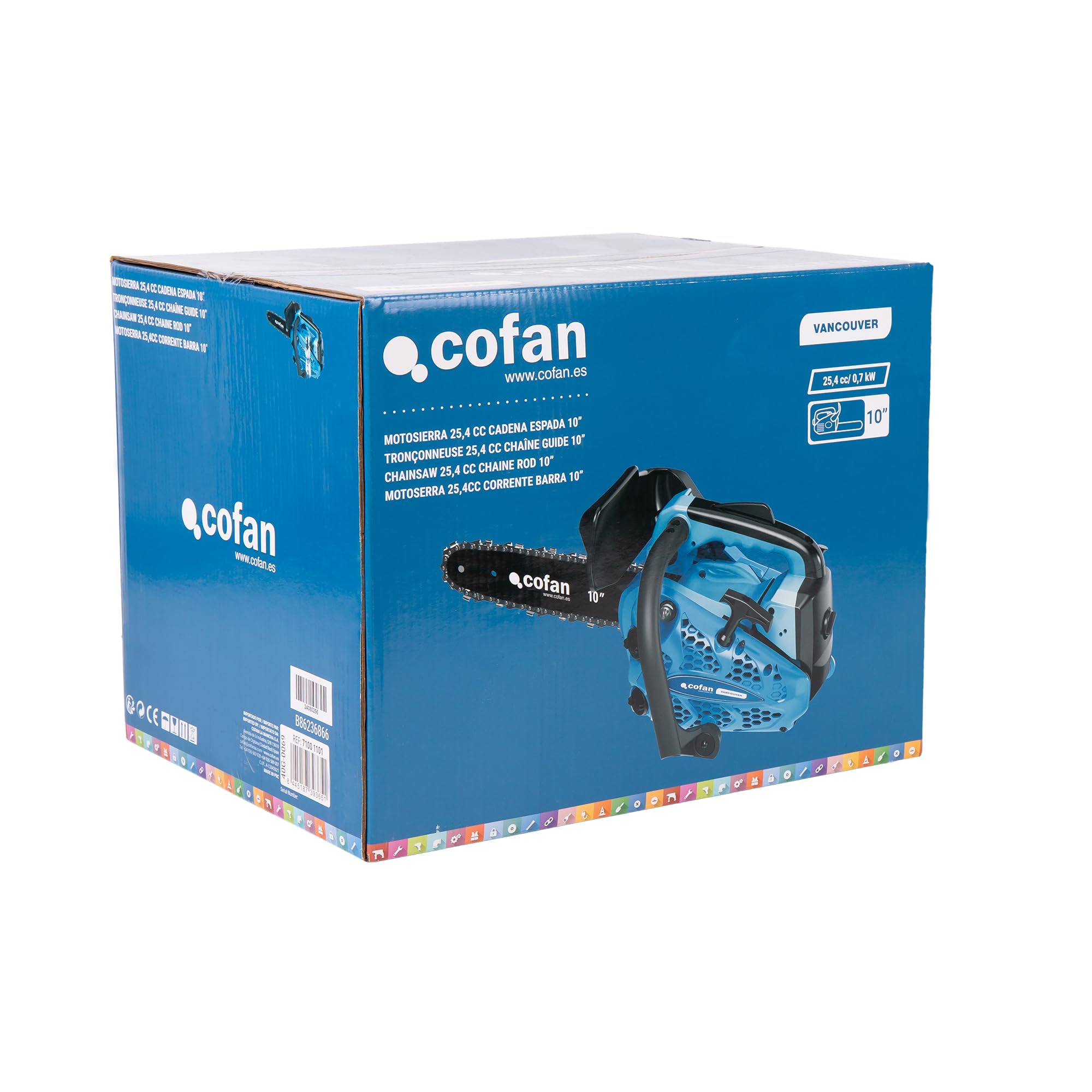 Cofan Motosierra de poda de gasolina | Motor de 2 tiempos | Espada de 10" | 25,4 cc | Potencia: 0,9 CV | Sistema antivibración