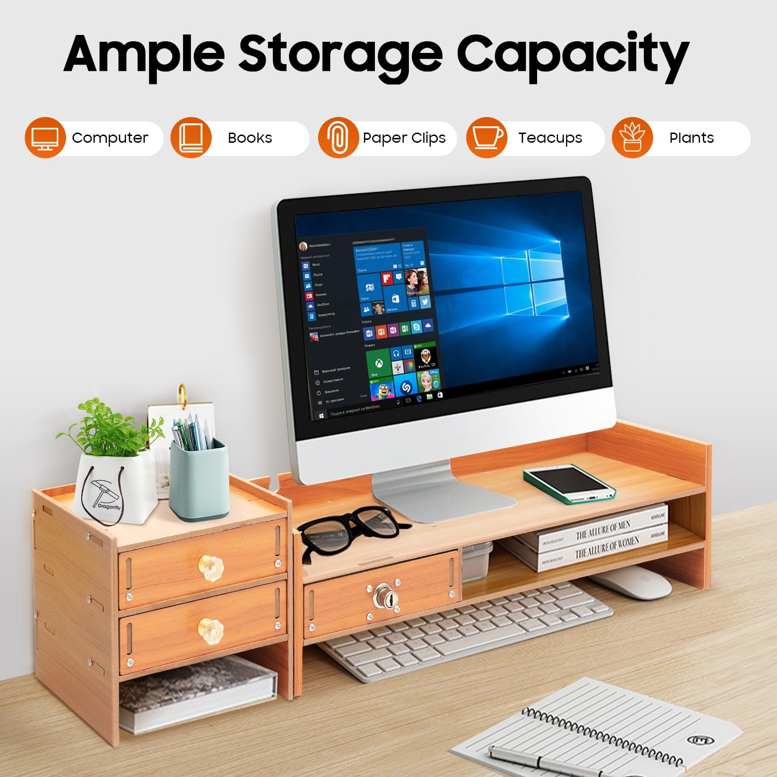 Supporto per monitor con 3 cassetti e scomparto per chiavi, organizer da scrivania in MDF, 65,5 cm, altezza regolabile per ufficio/casa, effetto legno, con supporto per cellulare e chiavi