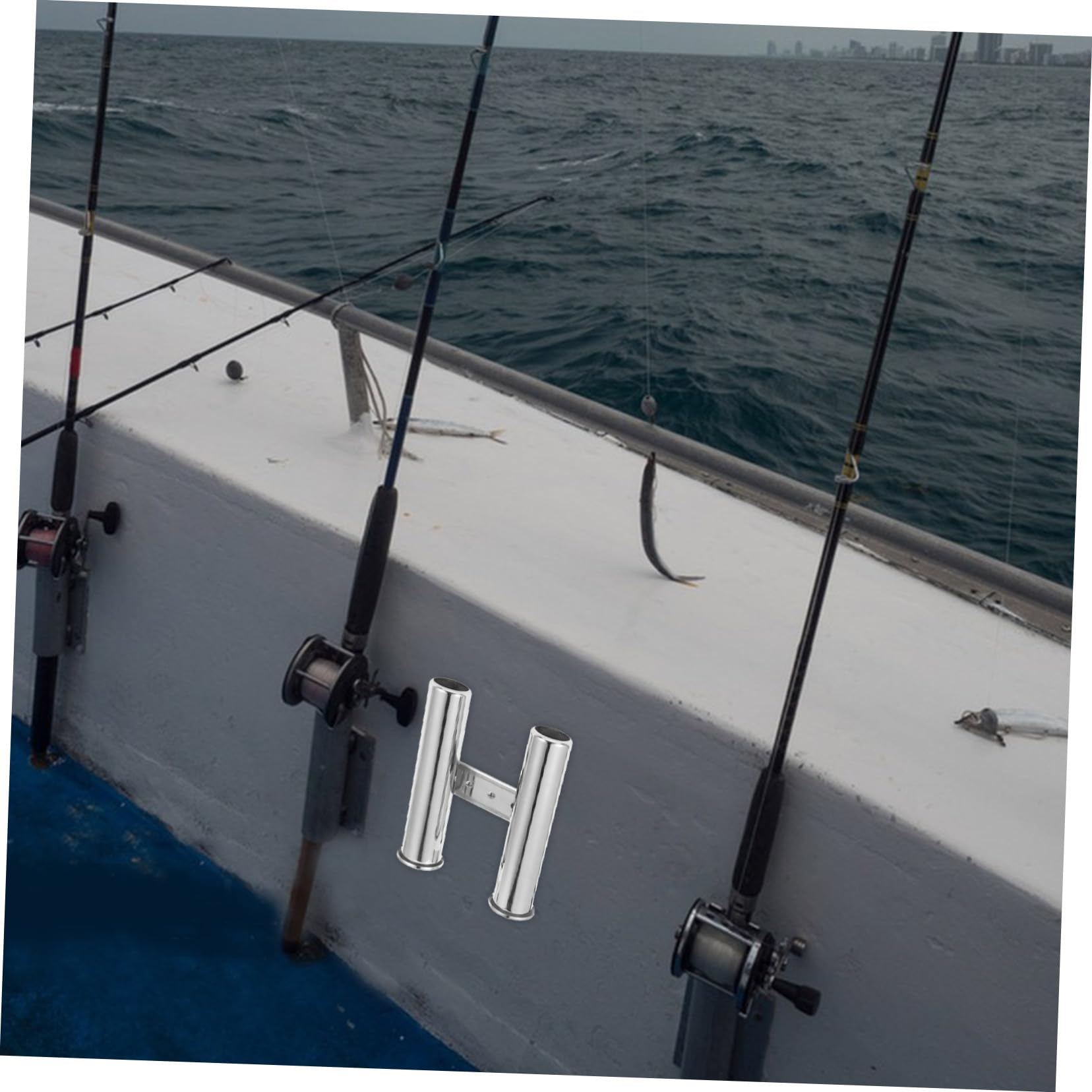 Supporto per Canna da Pesca in Acciaio Inox a Parete Doppio Tubo, Resistente e Antiruggine, per Porta Canne da Pesca Barca Atmosfera Estiva