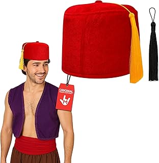 Morph Adult Red Fez Hat with Gold or Black Tassel Moroccan Shriner Cap Turkish Tarboosh Cosplay Halloween Costume Accessory Adjustable Size Fits Most