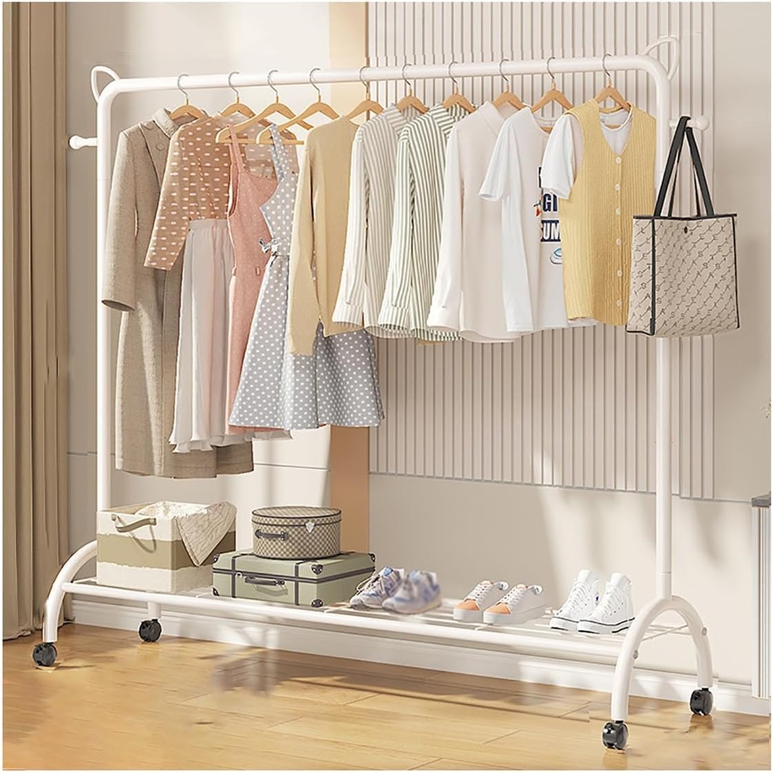 MYUYEE Clothes Rack On Wheels Metal Coat Rack Freestanding For Home Bedroom With 2 Hooks And Open Shelves, Easy To Assemble(150Cm White-White)