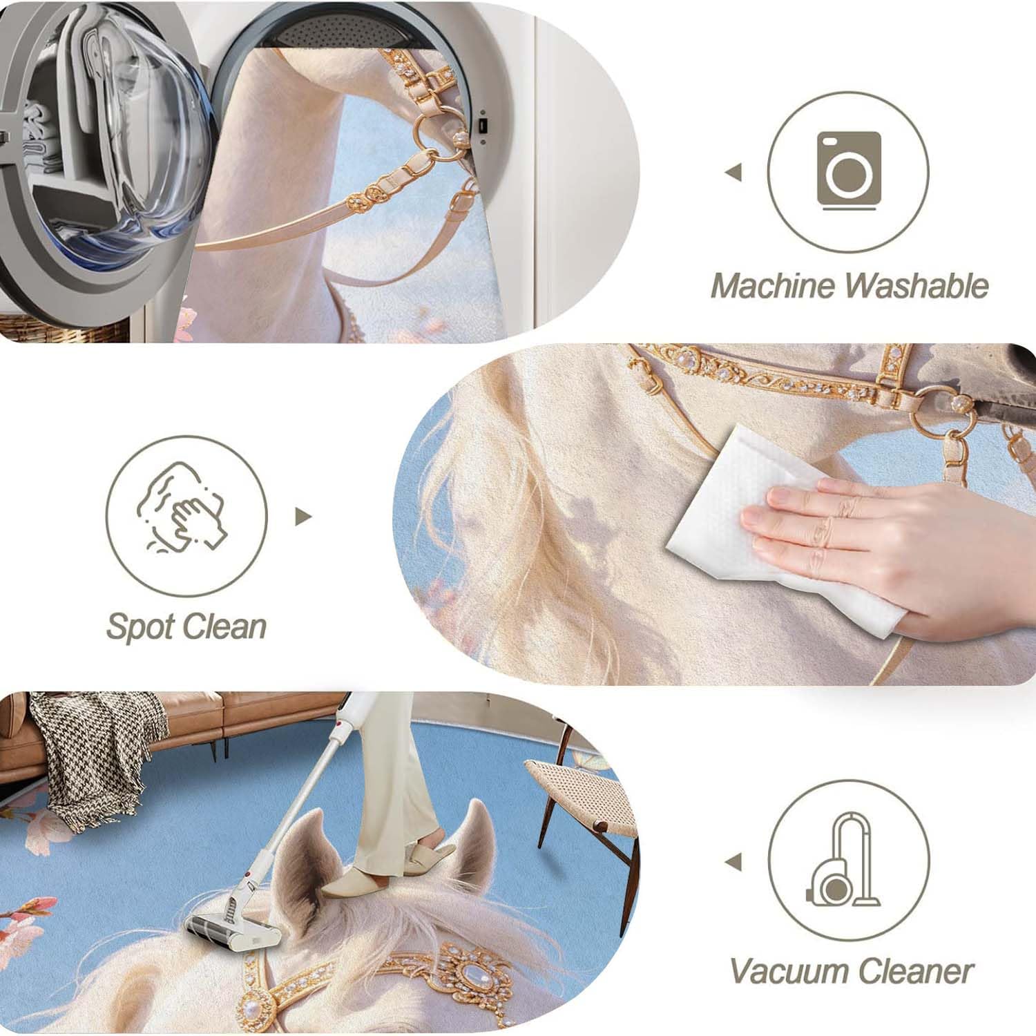 Tapis Rond Cheval 120 cm, Tapis Salon 3D Chevaux Poil Ras Lavable en Machine Antidérapant Doux Descente de Lit Chambre pour Cuisine, Chambre d'enfant, Bureau YDT2886