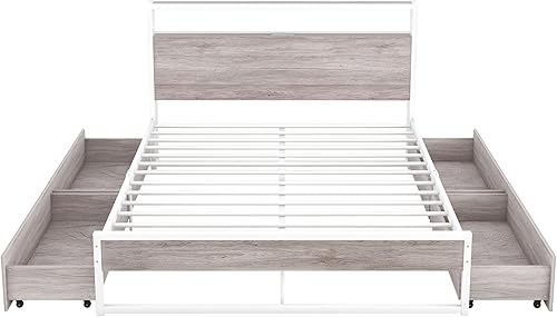 Miniatura 5 de Base de cama Queen con 4 cajones de almacenamiento en ruedas de freno, enchufes y puertos USB, plataforma de metal de estilo rústico con cabecero,
