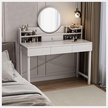 Vanity Table Set, Vanity Desk with Mirror and Drawers, Bedroom Dressing Table with Storage Shelf, Modern Makeup Vanity Table for Girls Women White,100x40x125.5cm