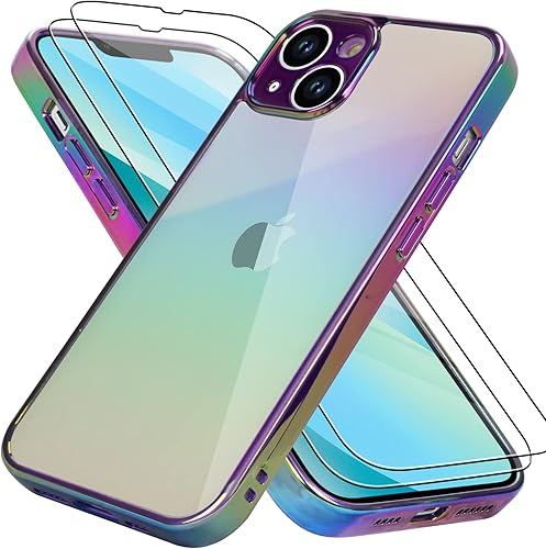 Bonoma Compatible con iPhone 13, funda brillante láser fluorescente de cristal iridiscente de lujo protector de cámara + 2 protectores de pantalla a