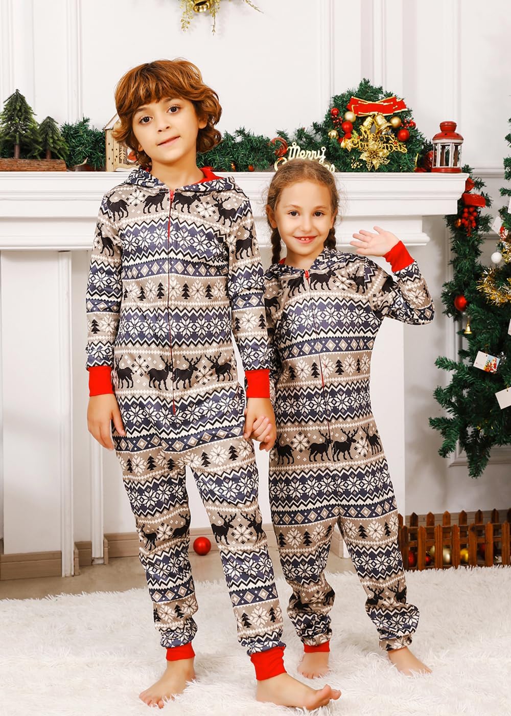 VNVNE Matching Christmas Onesie Pajamas Set for Family/Couples/Women/Men, One Piece Xmas Pjs Hooded Zipper Printed Sleepwear - Image 4