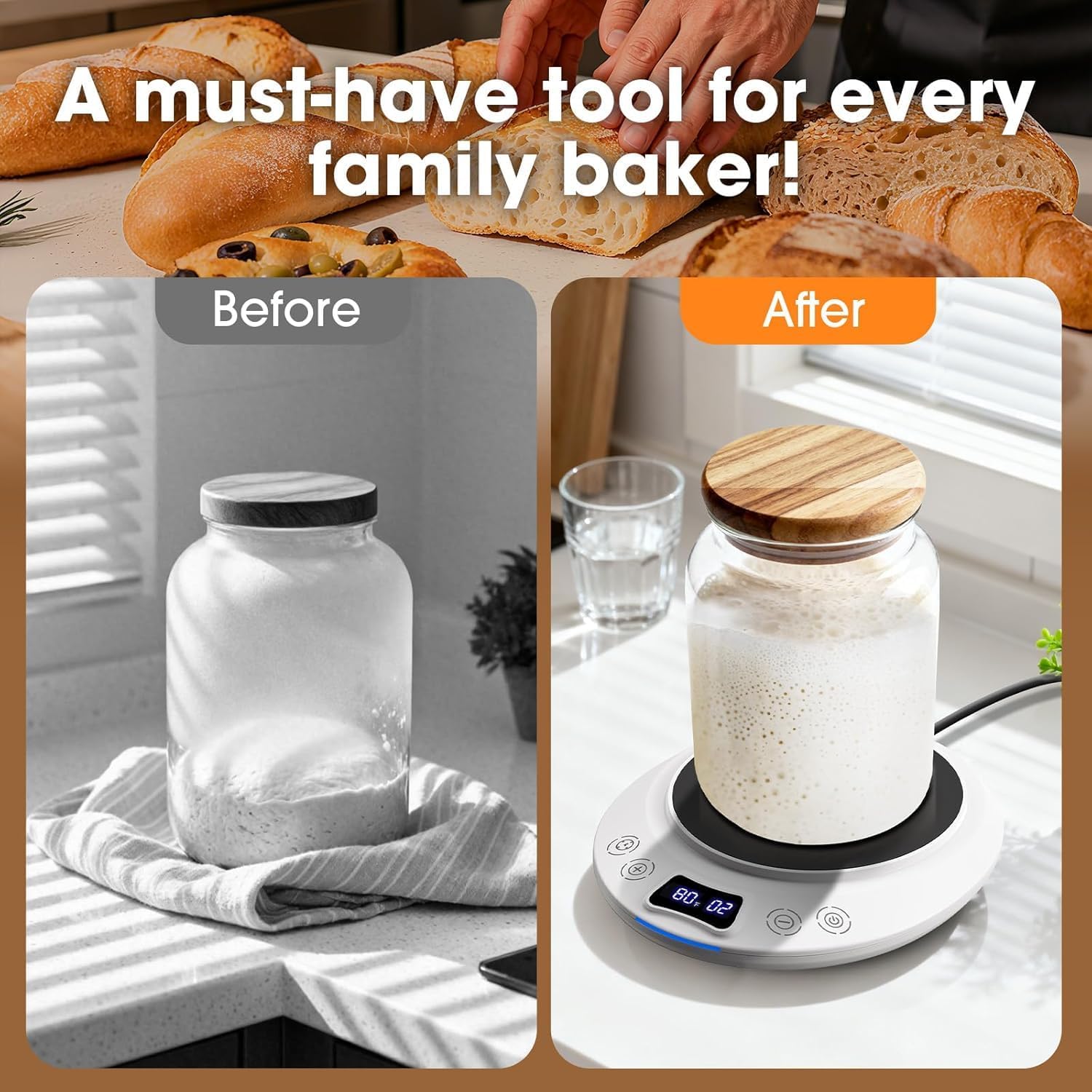 Sourdough Starter Warmer Mat, Precise 1°F Thermostat Control (70-120°F) Sourdough Heating Mat, Warmer for Sourdough Starter, 0-24h Timer, Auto On/Off, Memory Function