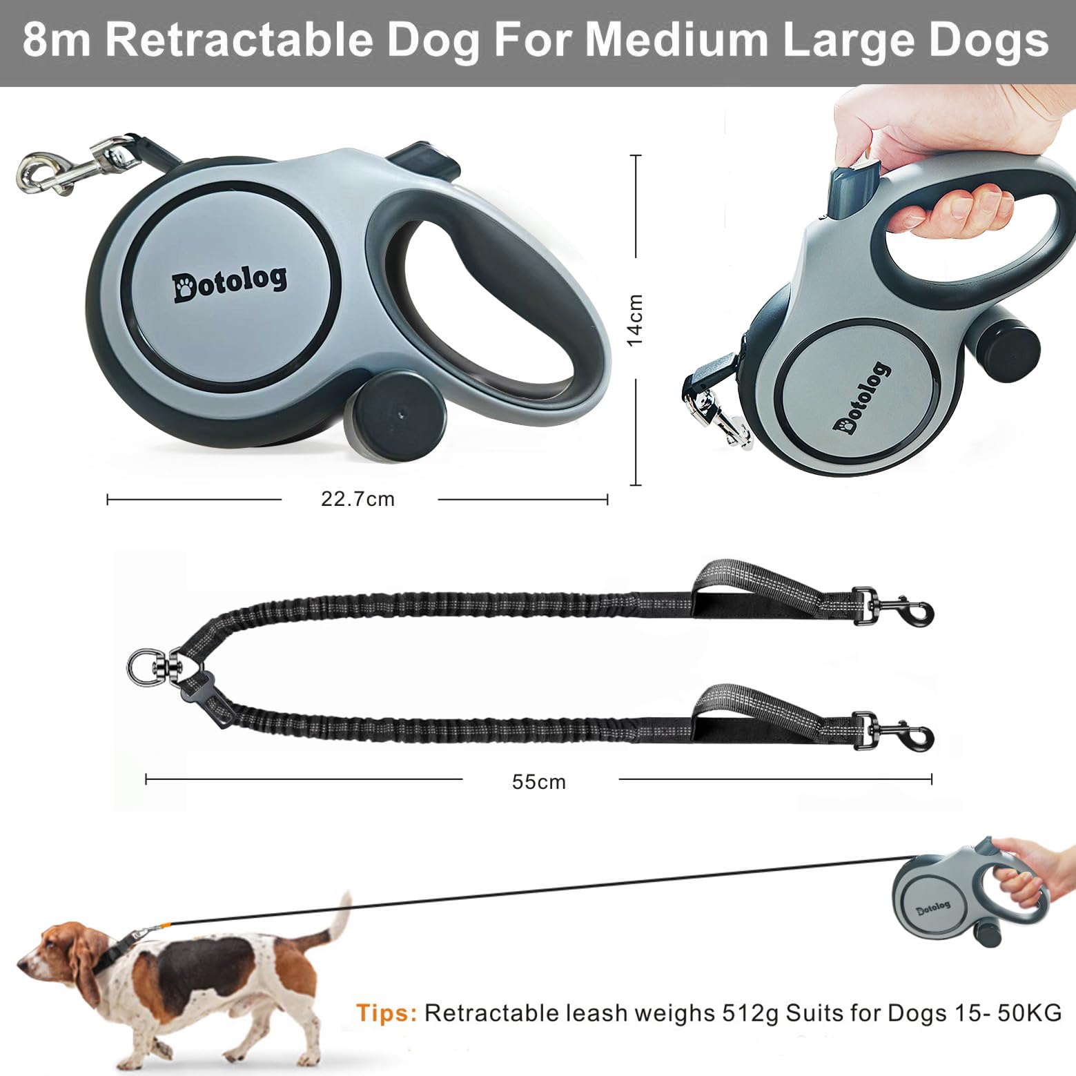 2-in-1 Retractable Dog Leash, Dotolog 26ft Extendable Lead with Bungee Leads for 2 Dogs - Image 2