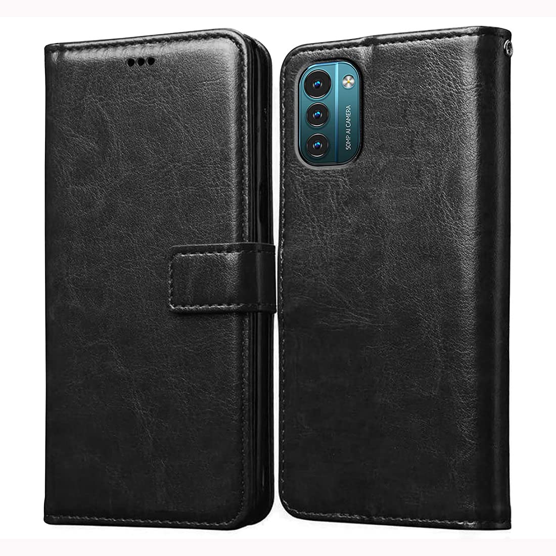 Casotec Flip Cover Back Case for Nokia G21 4G | Premium Leather Finish | Inbuilt Pockets & Stand | Flip Cover Back Case for Nokia G21 4G (Black)