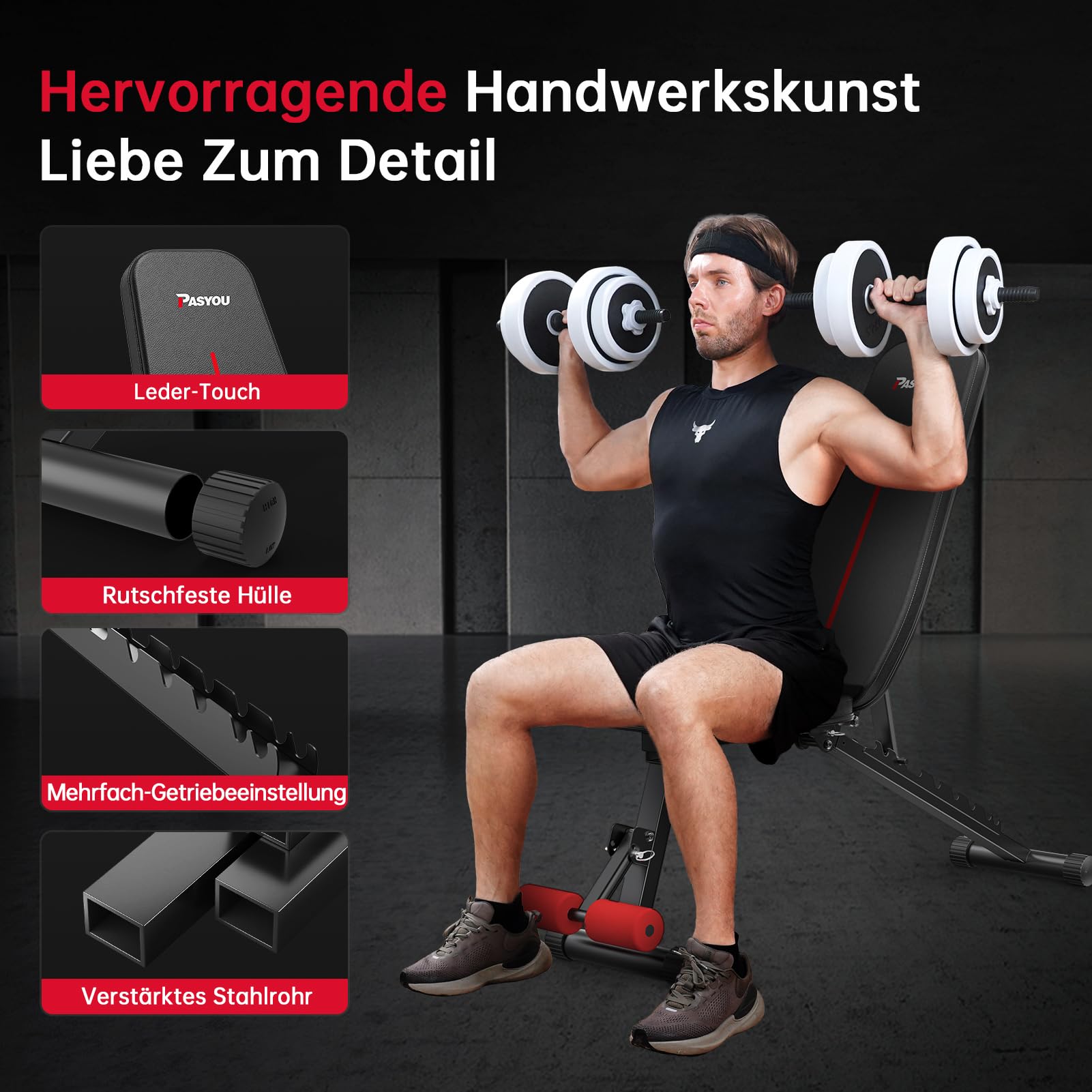 PASYOU Hantelbank Klappbar 10-Fach Verstellbar 90° Grad vertikal Multifunktions Trainingsbank für Ganzkörper-workout Bauchtrainer Schrägbank