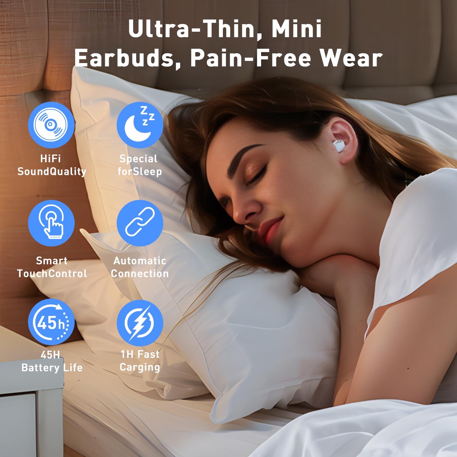 Mykindult Sleep Headphones, Wireless Sleep Earbuds for Side Sleepers, Mini Earbuds for Sleeping, Ultra-Thin Bluetooth 5.4 Headphones, Comfortable Invisible – White