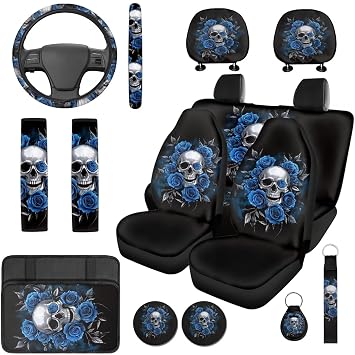XYZCANDO Skull Rose Auto Accessories Set 14 Pcs with Cars Seat Covers and Steering Wheel Cover Car Headrest Cover Seat Belt Pads Armrest Cover and Water Cup Pad Soft Fit for Most Car SUV