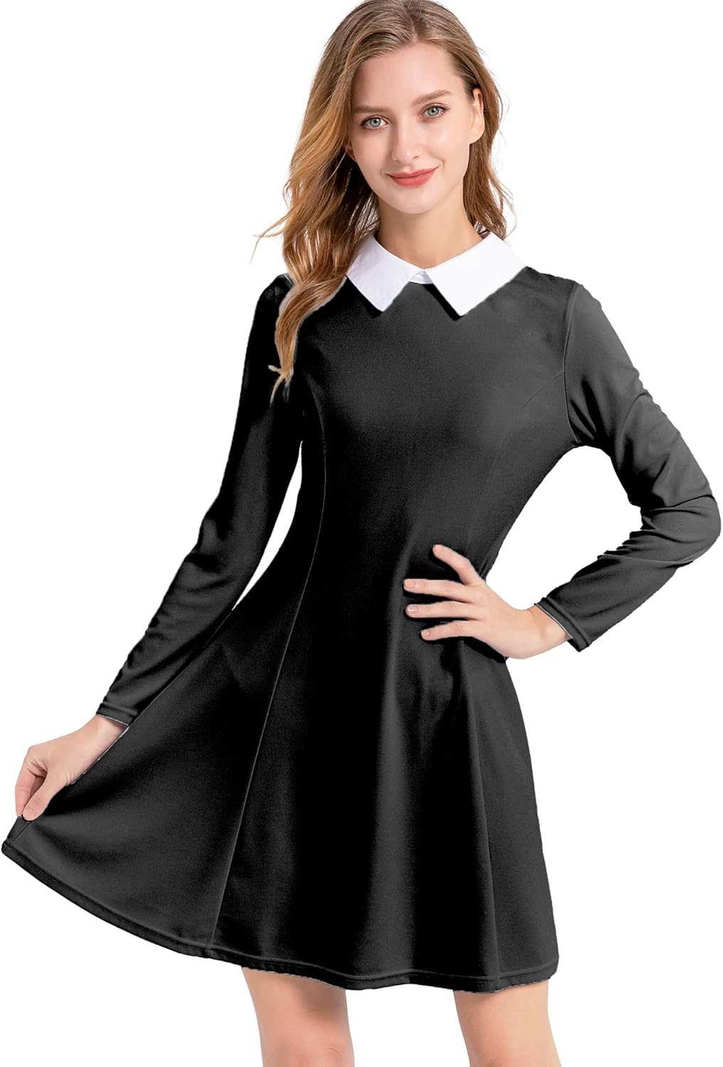 Womens Long Sleeve Peter Pan Collar Cute Fit and Flare Aline Dress - Image 3