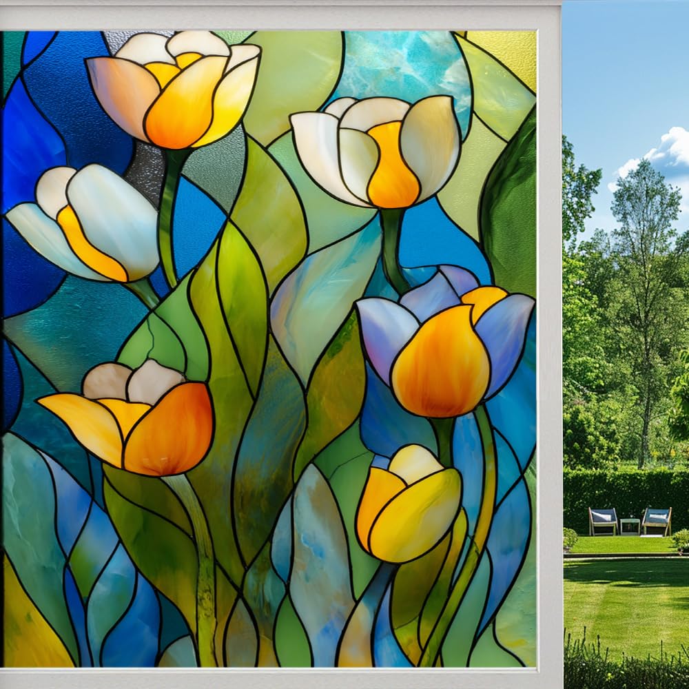 Abstract Flowers Frosted Window Film, Minimalist Line Tulips Stained Glass Privacy Film, Heat Insulation Self-Adhesive Vinyl for Bathroom Office, （50x90cm）